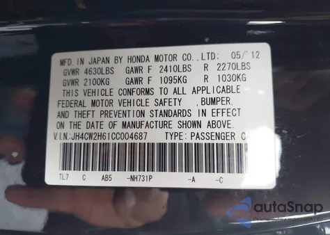 2012 Acura Tsx 2.4 from USA, damaged, VIN JH4CW2H61CC004687